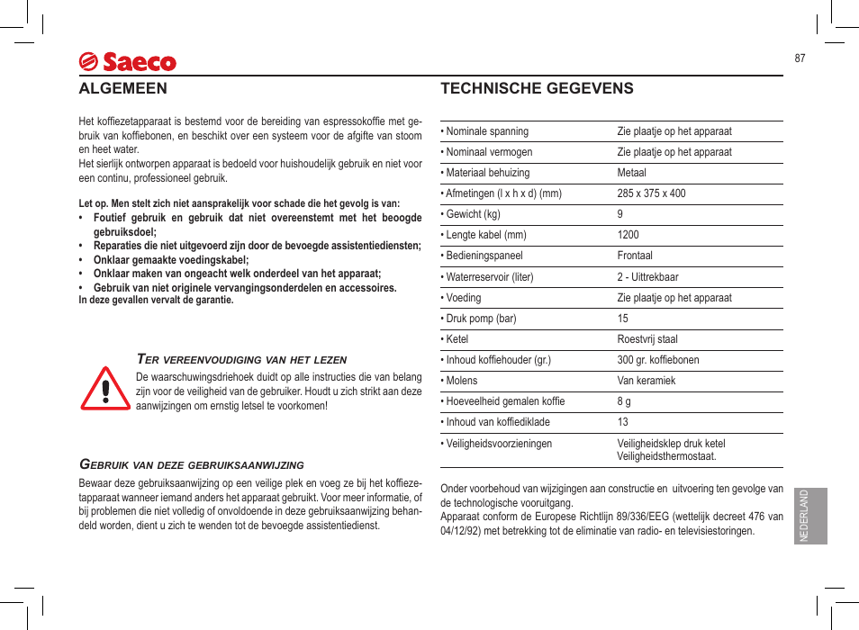 Algemeen, Technische gegevens | Philips 10000032 User Manual | Page 87 / 100