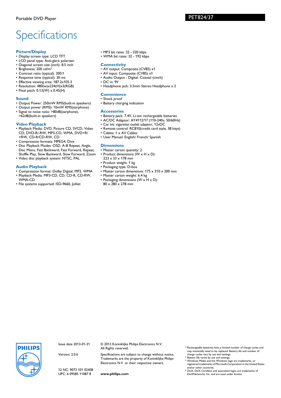 Specifications | Philips PET824-37B User Manual | Page 3 / 3