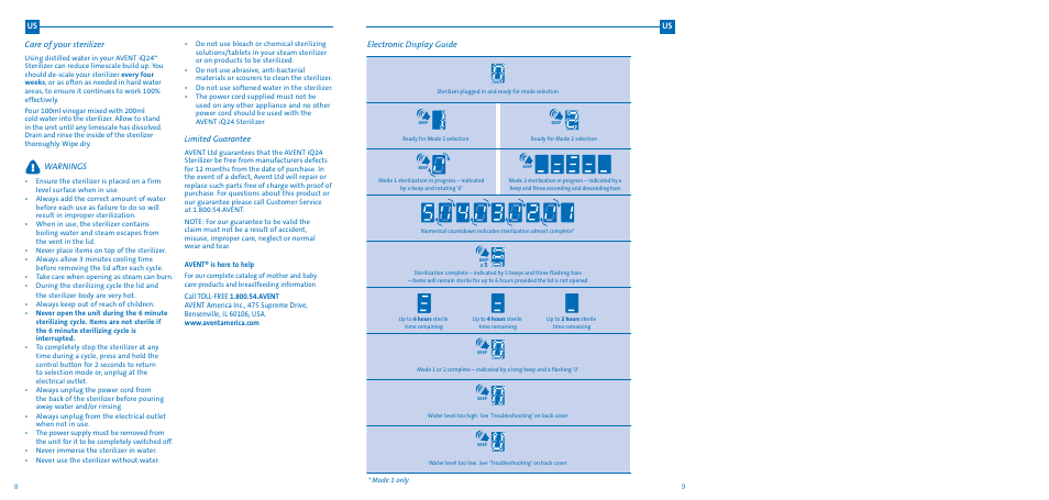 Care of your sterilizer, Warnings, Limited guarantee | Electronic display guide | Philips SCF276-32 User Manual | Page 4 / 8