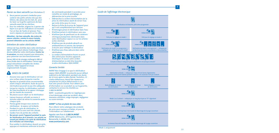 Guide de l'affichage électronique, Fpanier au lave-vaisselle, Entretien de votre stérilisateur | Mises en garde, Garantie limitée | Philips SCF276-32 User Manual | Page 6 / 8