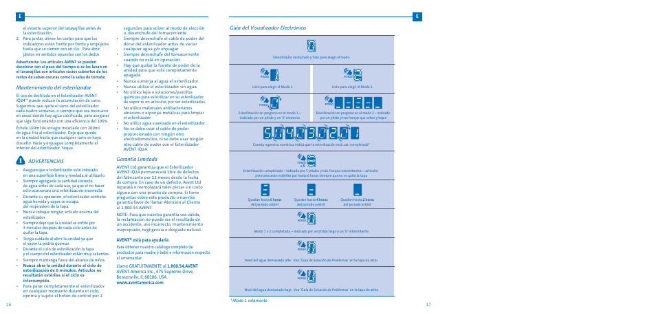 Guía del visualizador electrónico, Mantenimiento del esterilizador, Advertencias | Garantía limitada | Philips SCF276-32 User Manual | Page 8 / 8