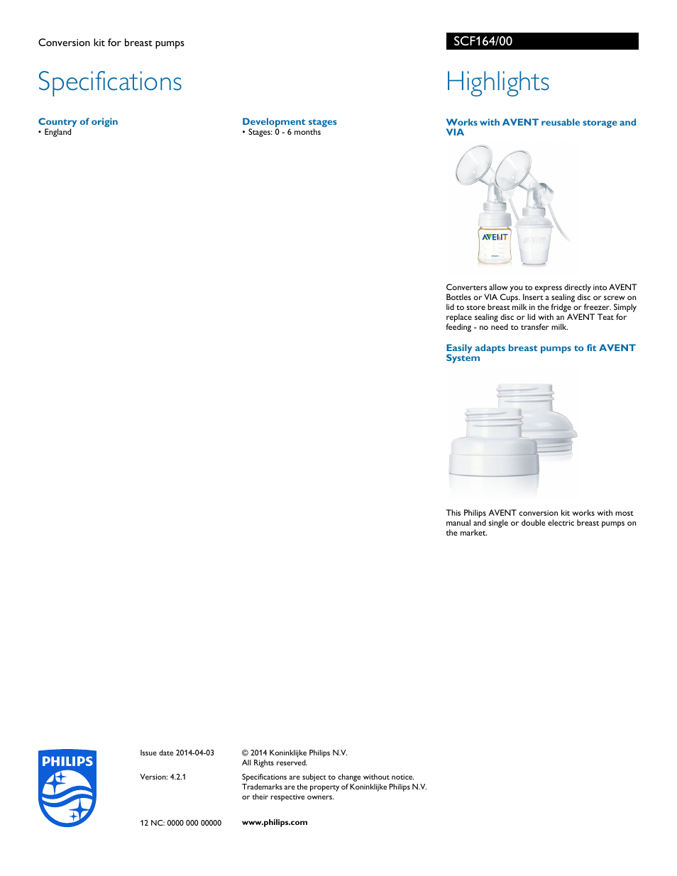 Specifications, Highlights | Philips SCF164-00 User Manual | Page 2 / 2