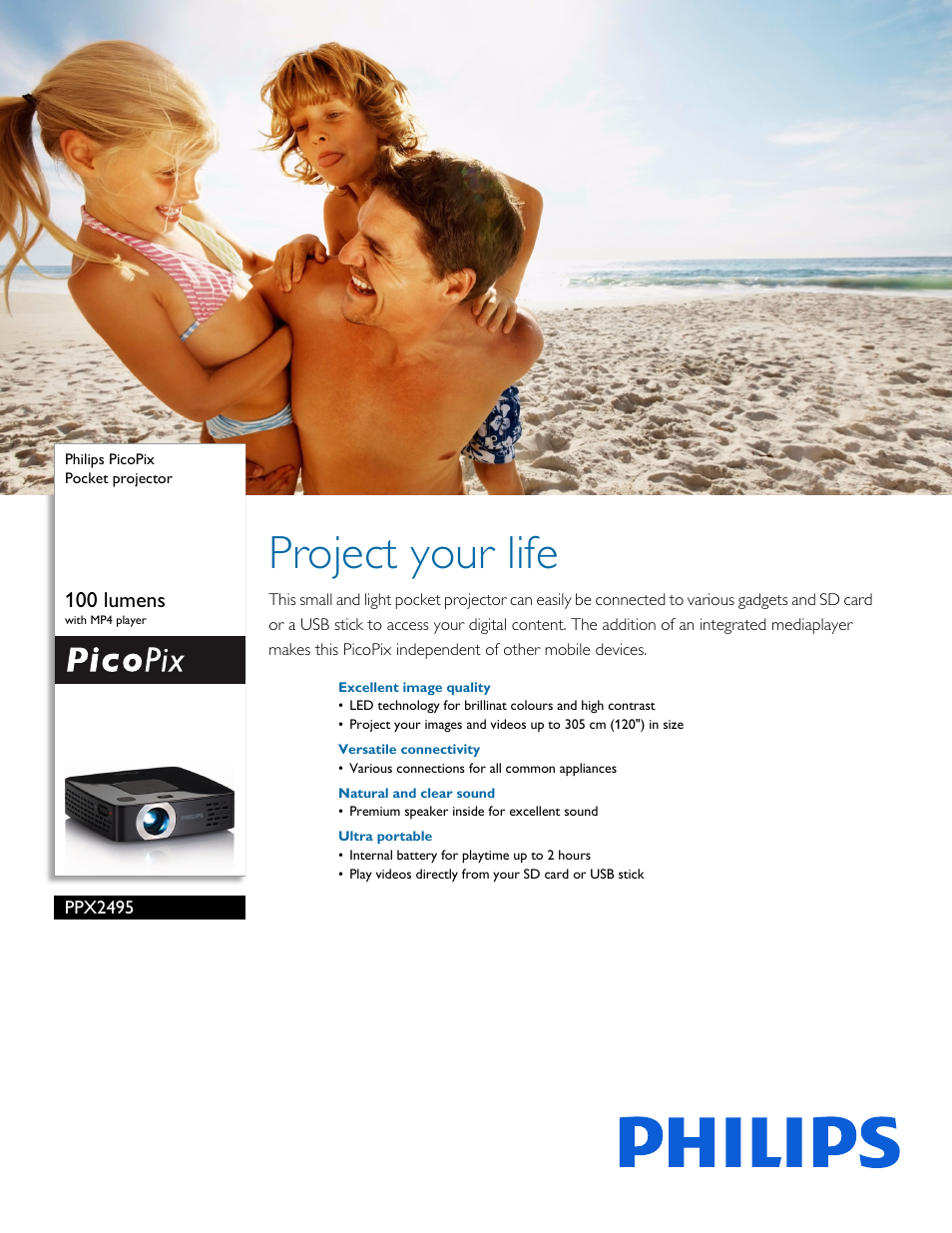 Philips PicoPix Pocket projector PPX2495 100 lumens with MP4 player User Manual | 2 pages