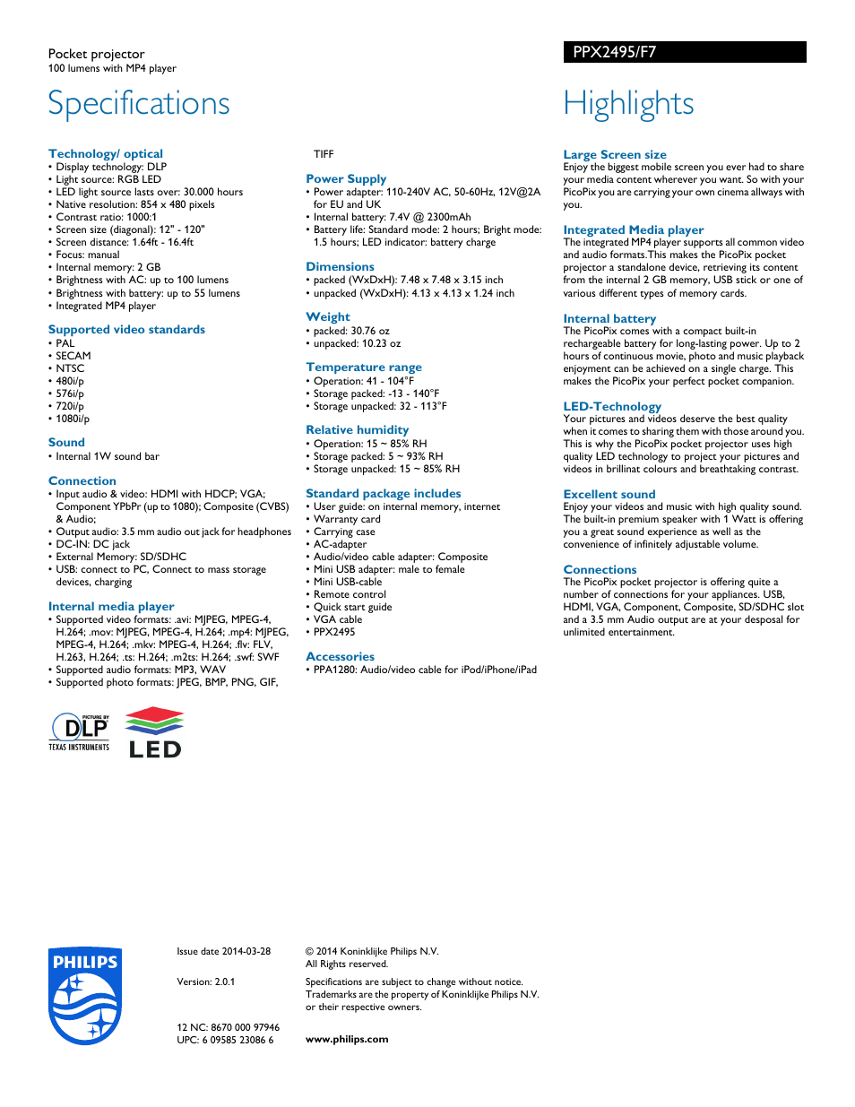 Specifications, Highlights | Philips PicoPix Pocket projector PPX2495 100 lumens with MP4 player User Manual | Page 2 / 2