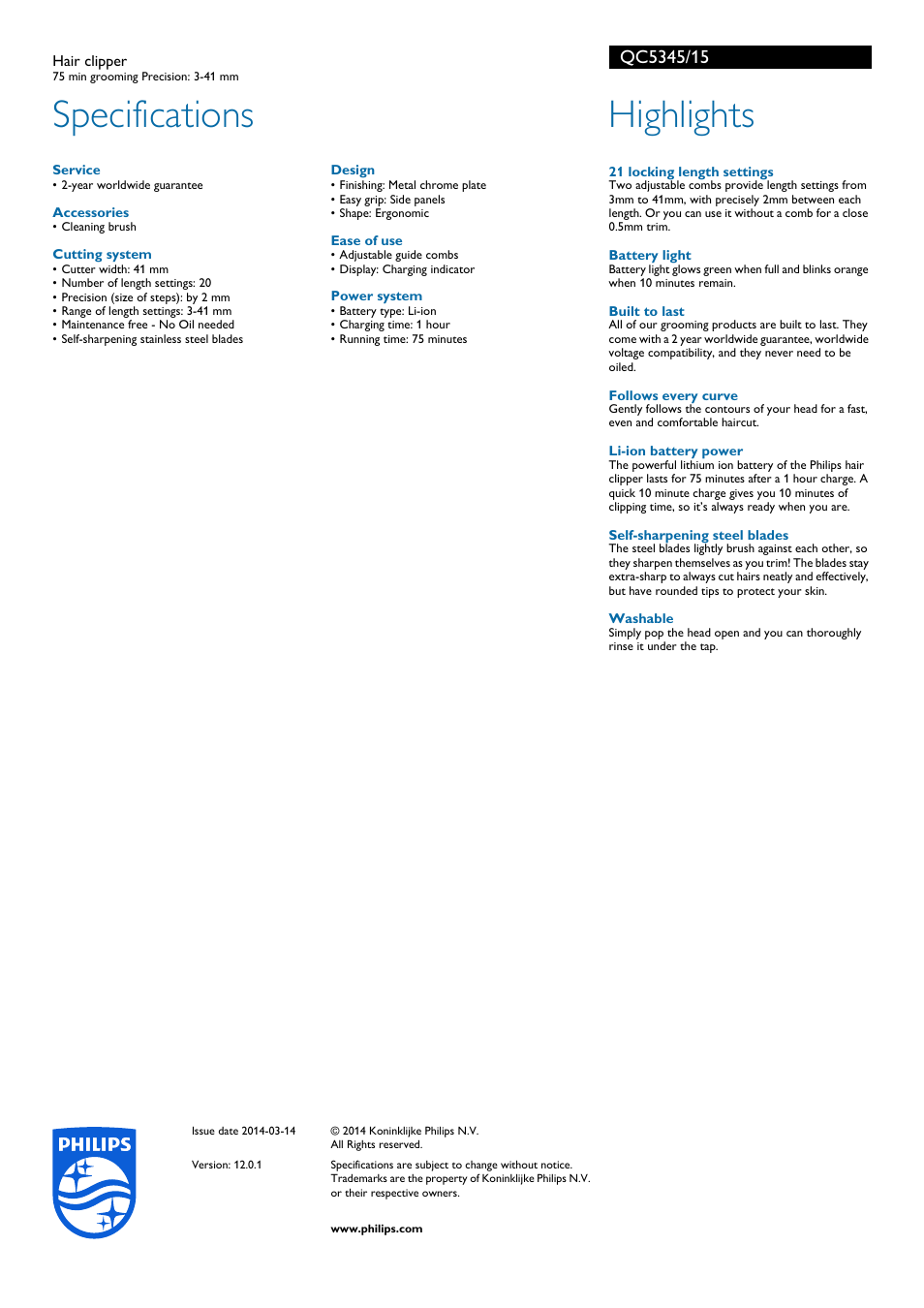 Specifications, Highlights | Philips QC5345-15 User Manual | Page 2 / 2