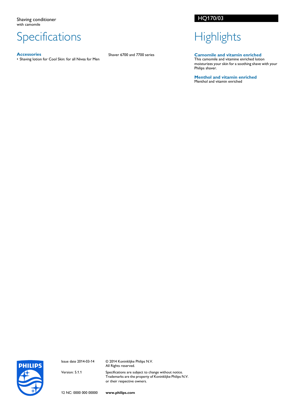 Specifications, Highlights | Philips HQ170-03 User Manual | Page 2 / 2