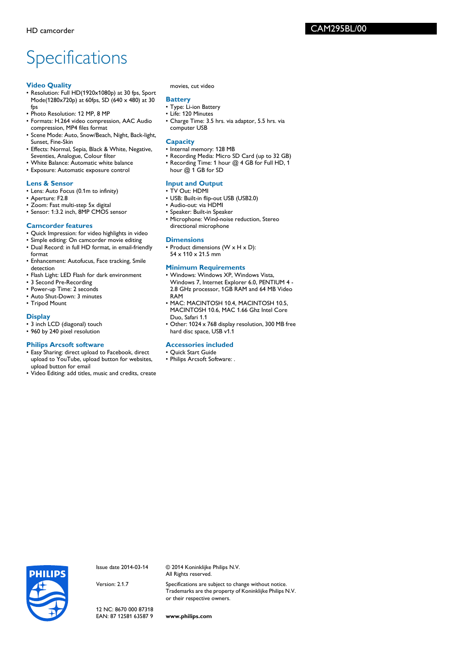 Specifications | Philips CAM295BL-00 User Manual | Page 3 / 3