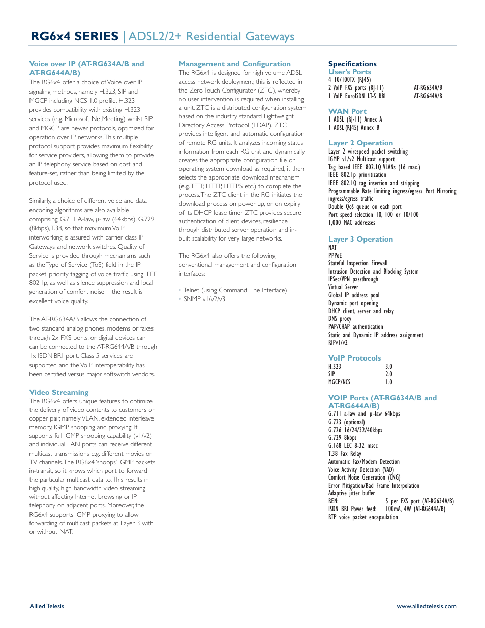 Rg6x4 series | adsl2/2+ residential gateways | Allied Telesis RG6x4 Series User Manual | Page 2 / 3
