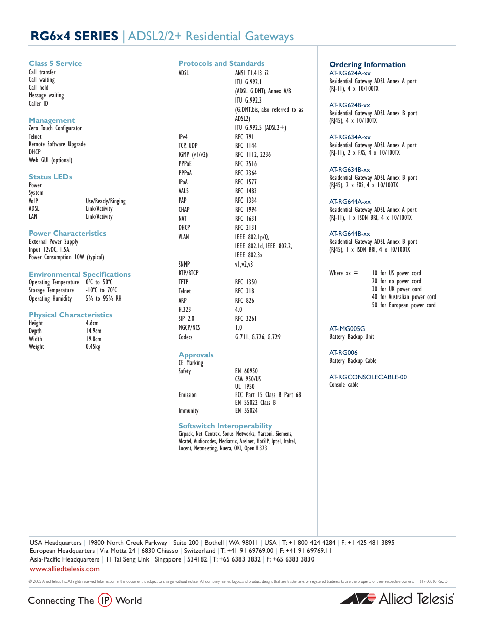 Rg6x4 series | adsl2/2+ residential gateways | Allied Telesis RG6x4 Series User Manual | Page 3 / 3