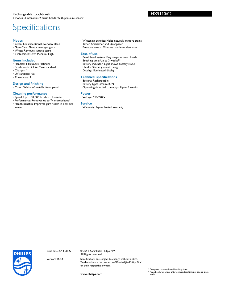 Specifications | Philips HX9110-02 User Manual | Page 3 / 3