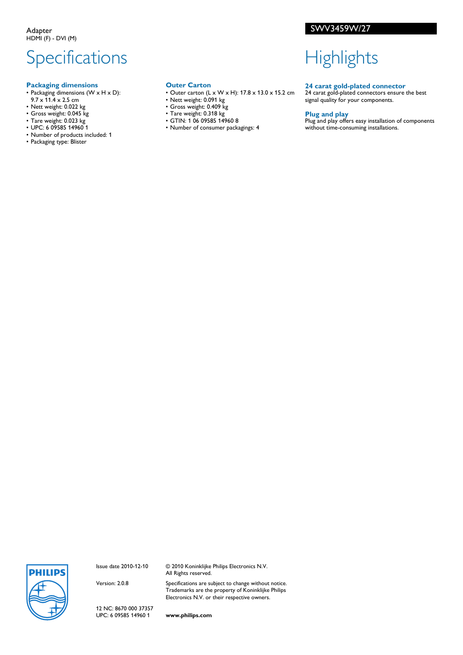 Specifications, Highlights | Philips SWV3459W-27 User Manual | Page 2 / 2