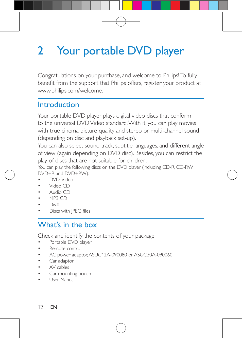 Overview of the main unit, 2 your portable dvd player, Introduction | What’s in the box | Philips Portable DVD Player PD9000 22.9 cm 9" LCD 5-hr playtime User Manual | Page 12 / 27