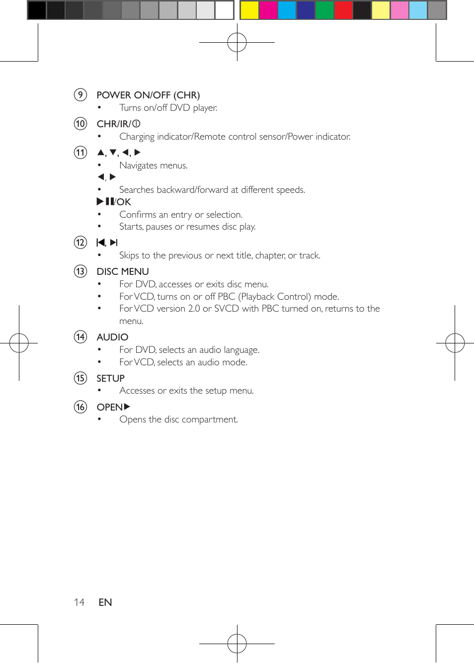 Overview of the remote control | Philips Portable DVD Player PD9000 22.9 cm 9" LCD 5-hr playtime User Manual | Page 14 / 27