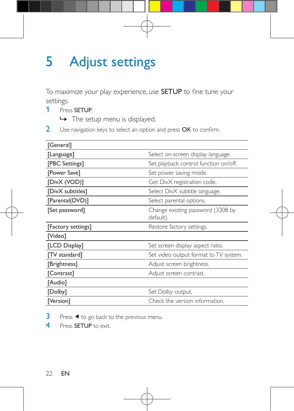 6 product information, 5 adjust settings | Philips Portable DVD Player PD9000 22.9 cm 9" LCD 5-hr playtime User Manual | Page 22 / 27