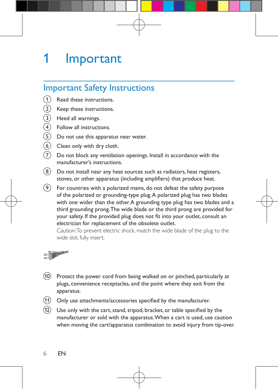 1 important, Important safety instructions | Philips Portable DVD Player PD9000 22.9 cm 9" LCD 5-hr playtime User Manual | Page 6 / 27