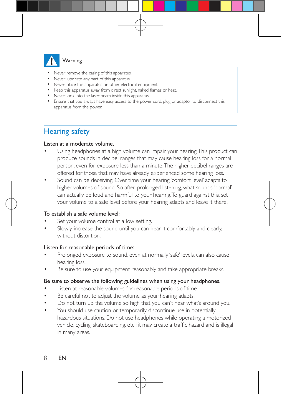 Hearing safety | Philips Portable DVD Player PD9000 22.9 cm 9" LCD 5-hr playtime User Manual | Page 8 / 27