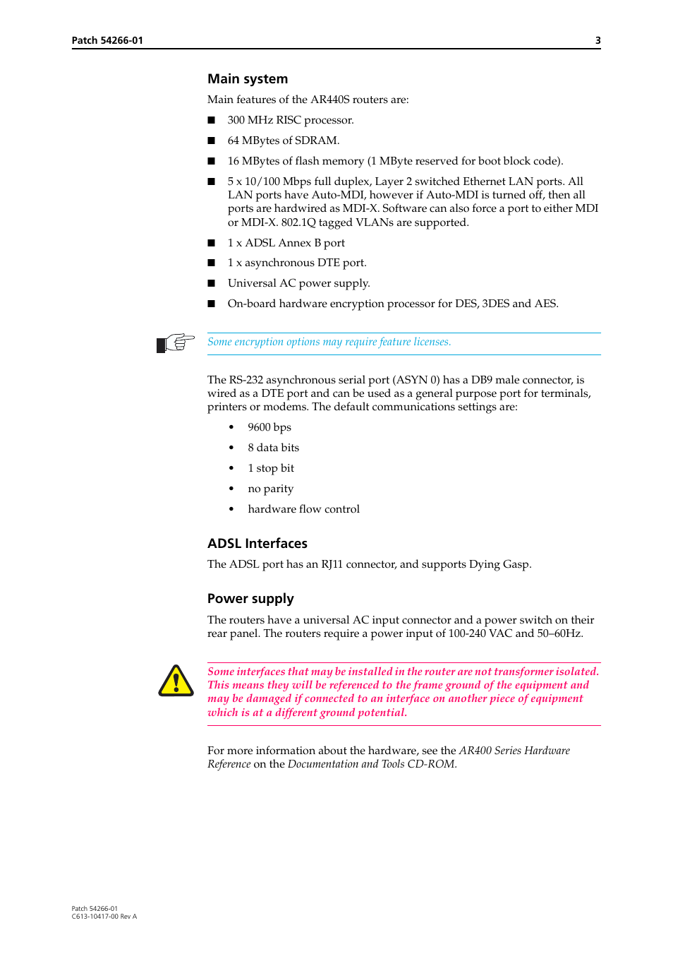 Main system, Adsl interfaces, Power supply | Allied Telesis AR441S User Manual | Page 3 / 6