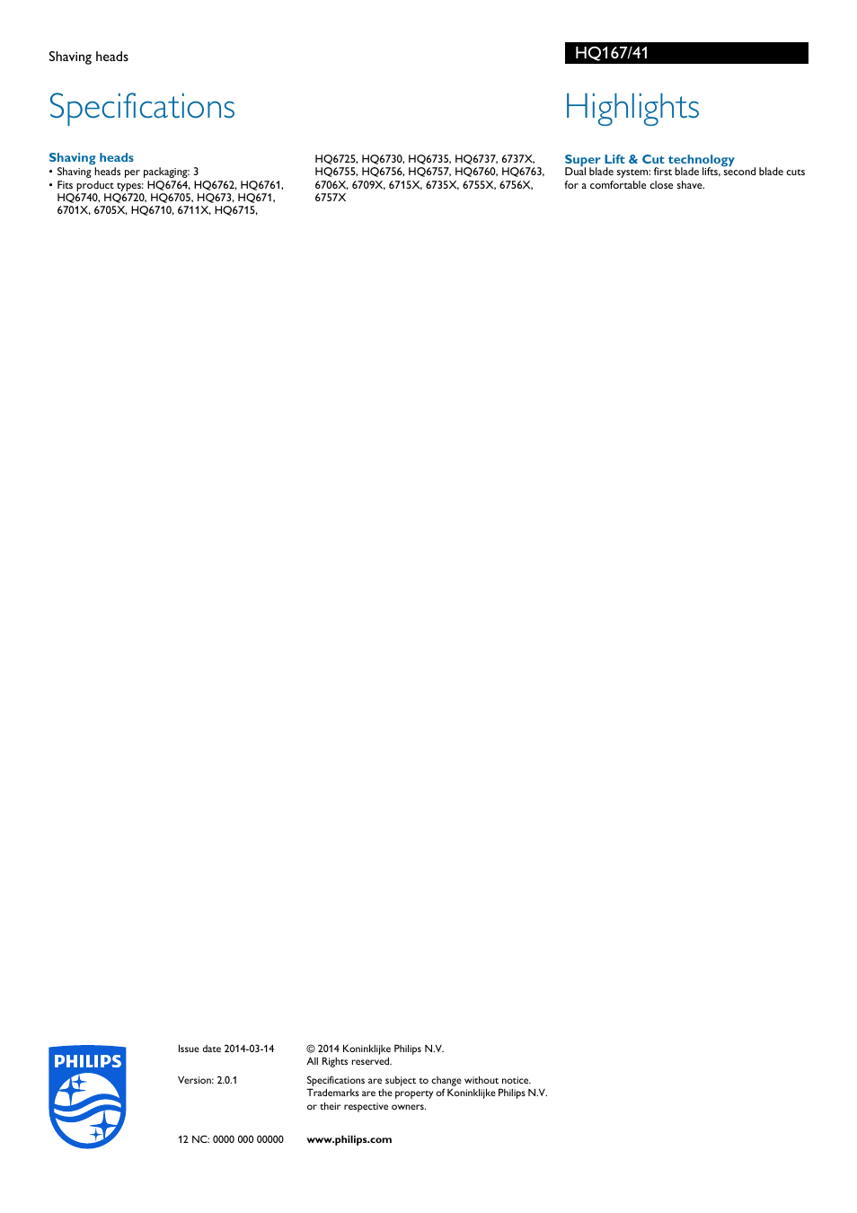 Specifications, Highlights | Philips HQ167-41 User Manual | Page 2 / 2