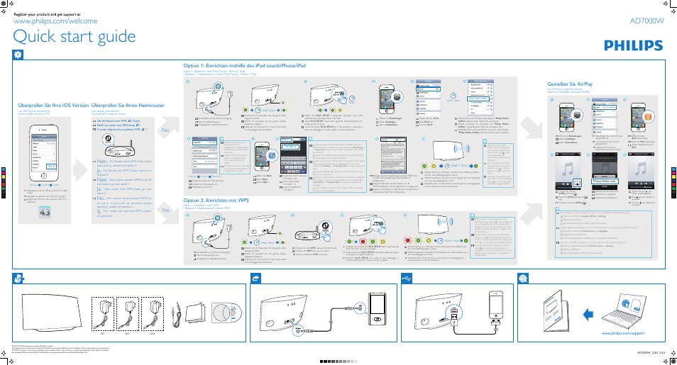 Quick start guide, Ad7000w, Genießen sie airplay | Nein, Überprüfen sie ihre ios version, Überprüfen sie ihren heimrouter, Option 2: einrichten mit wps, No yes, Wait< 2min | Philips AD7000W-37 User Manual | Page 2 / 2