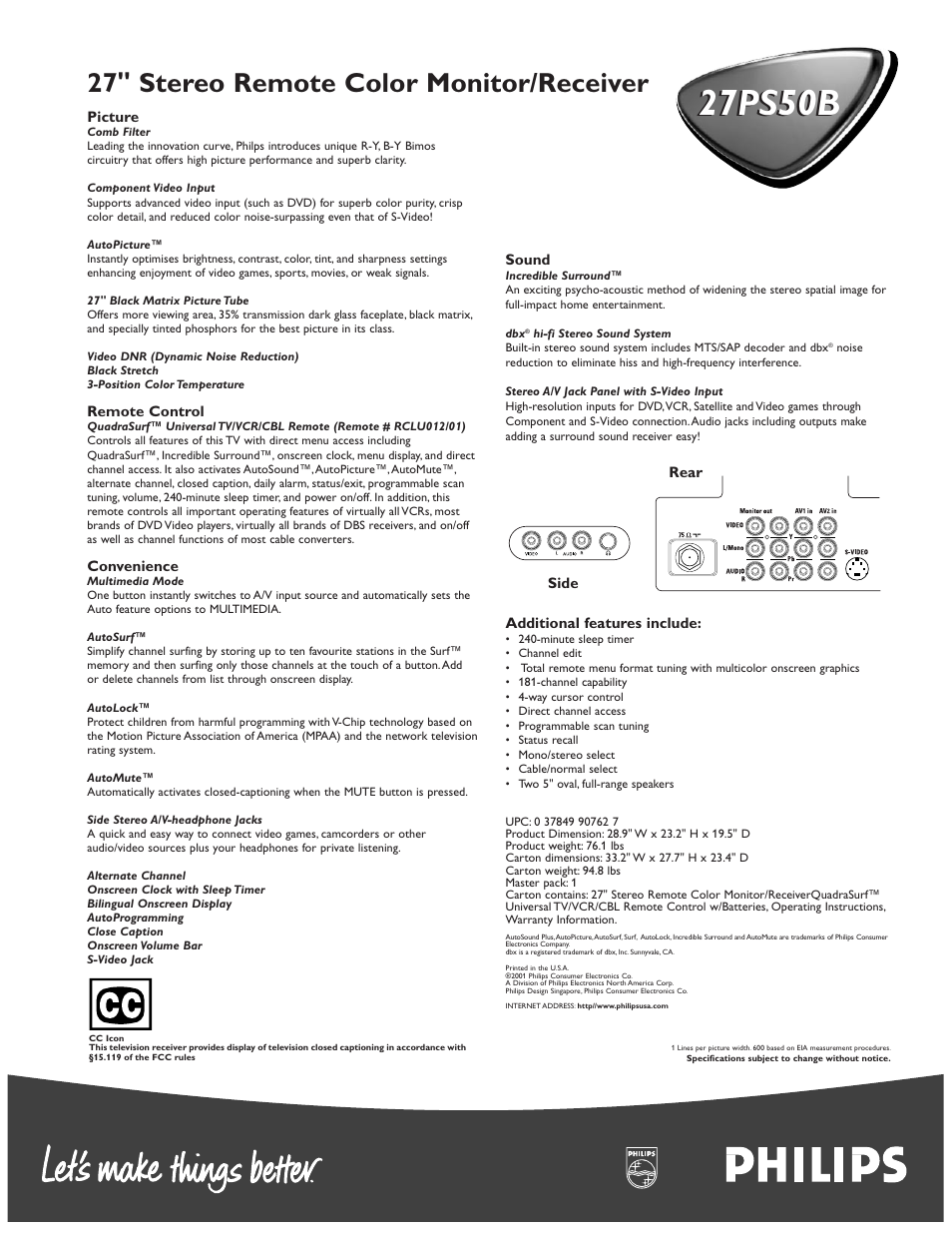 27ps50b, 27" stereo remote color monitor/receiver | Philips 27PS50B User Manual | Page 2 / 2