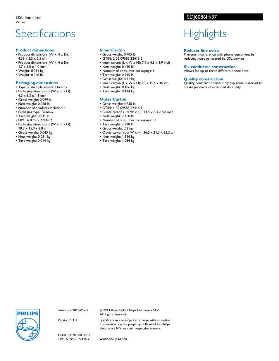 Specifications, Highlights | Philips SDJ6086H-37 User Manual | Page 2 / 2