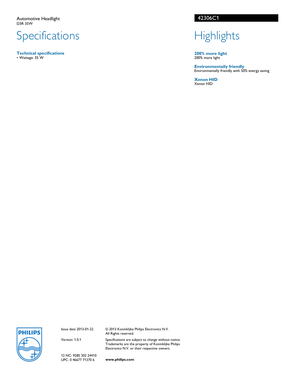 Specifications, Highlights | Philips 42306C1 User Manual | Page 2 / 2