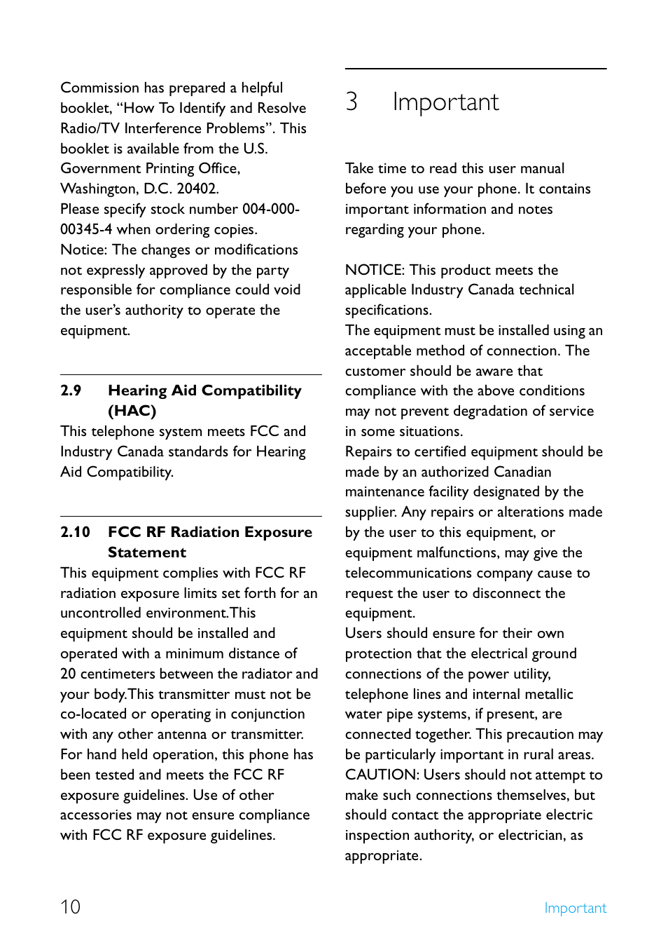 9 hearing aid compatibility (hac), 10 fcc rf radiation exposure statement, 3 important | Hearing aid compatibility (hac), Fcc rf radiation exposure statement, Important, 3important | Philips Cordless telephone SE4502B User Manual | Page 12 / 65