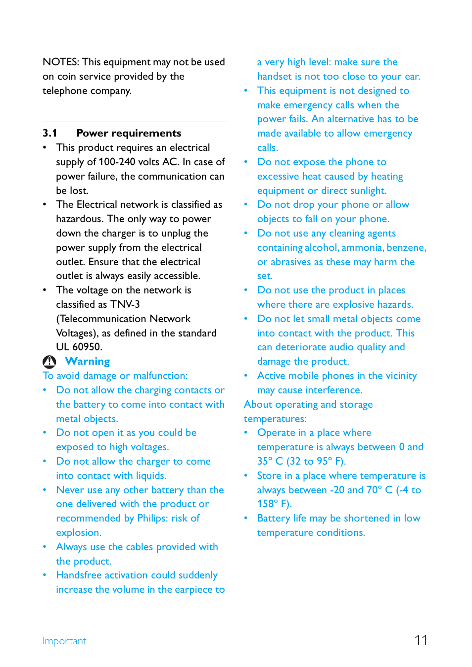 1 power requirements, Power requirements | Philips Cordless telephone SE4502B User Manual | Page 13 / 65