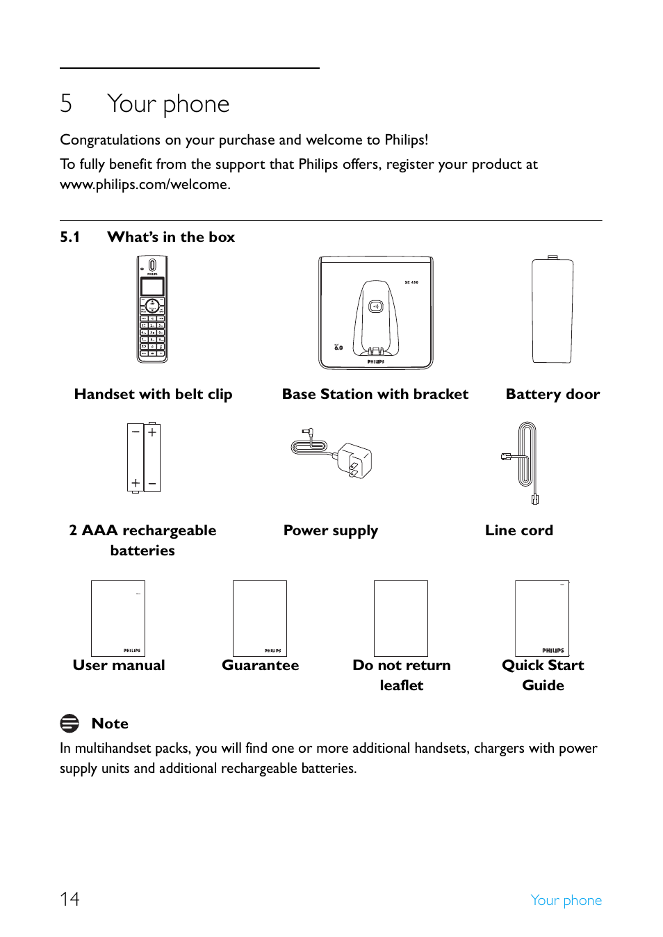 5 your phone, 1 what’s in the box, Your phone | What’s in the box, 5your phone | Philips Cordless telephone SE4502B User Manual | Page 16 / 65