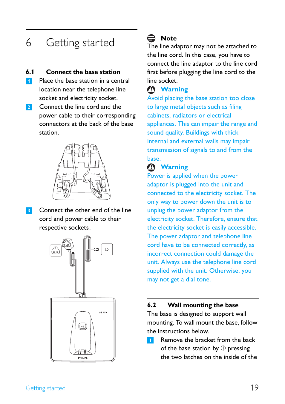 6 getting started, 1 connect the base station, 2 wall mounting the base | Getting started, Connect the base station, Wall mounting the base, 6getting started | Philips Cordless telephone SE4502B User Manual | Page 21 / 65