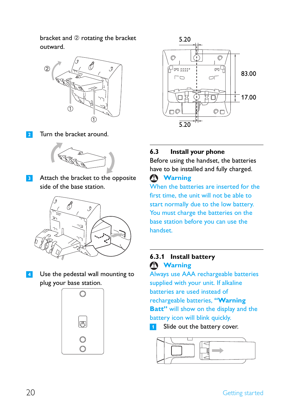 3 install your phone, Install your phone, Install battery | Philips Cordless telephone SE4502B User Manual | Page 22 / 65