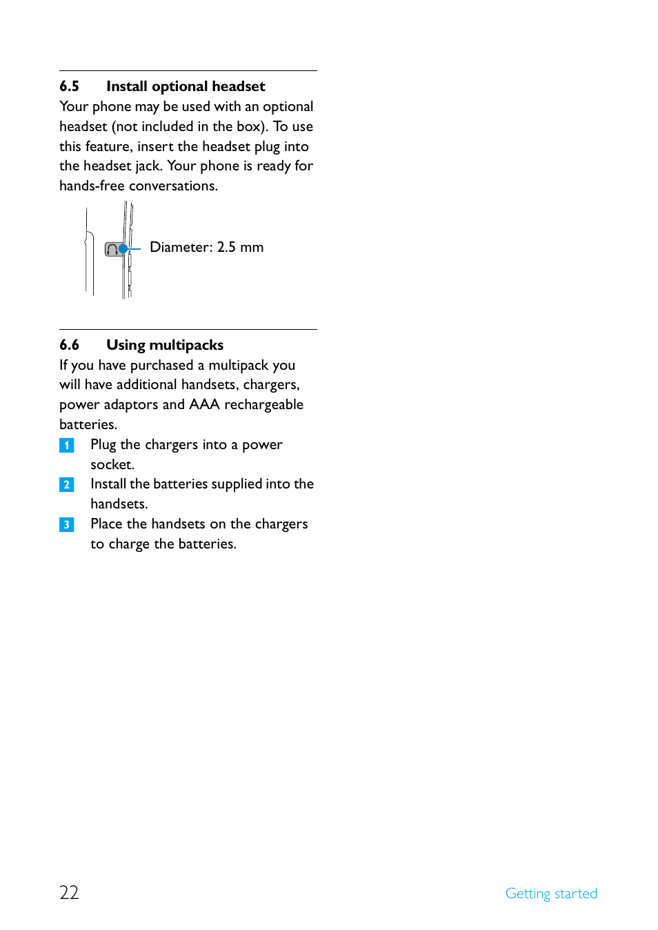 5 install optional headset, 6 using multipacks, Install optional headset | Using multipacks | Philips Cordless telephone SE4502B User Manual | Page 24 / 65
