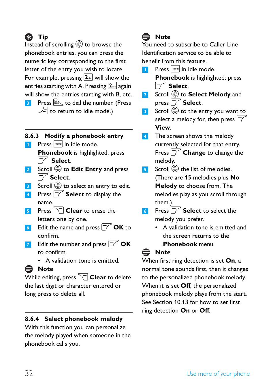 Modify a phonebook entry 32, Select phonebook melody 32 | Philips Cordless telephone SE4502B User Manual | Page 34 / 65