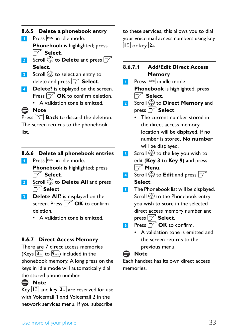 Delete a phonebook entry 33, Delete all phonebook entries, Direct access memory | Philips Cordless telephone SE4502B User Manual | Page 35 / 65