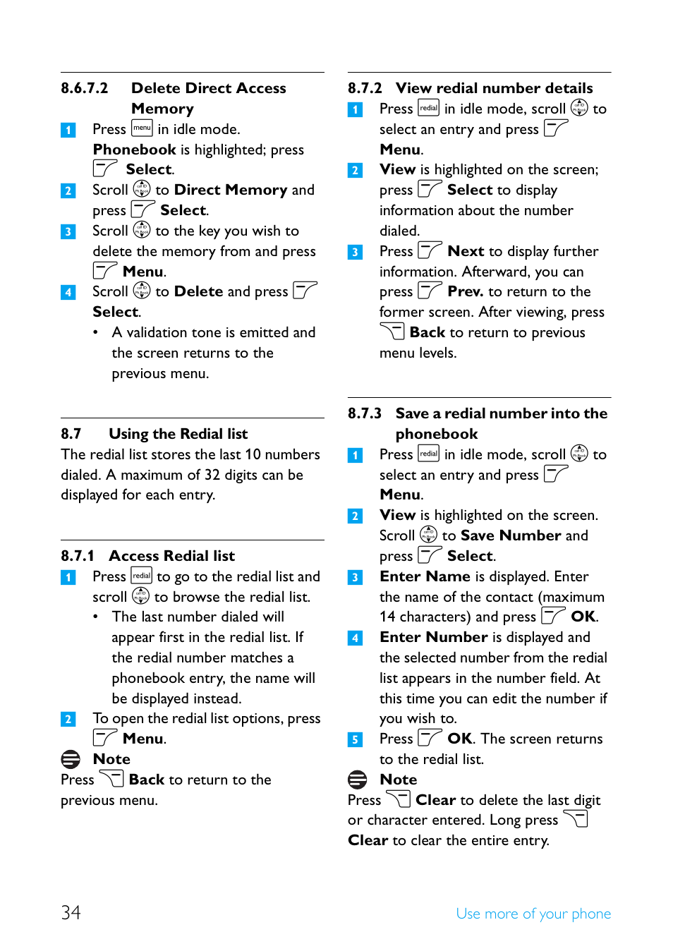 7 using the redial list, Using the redial list, Access redial list | View redial number details 34, Save a redial number into the phonebook | Philips Cordless telephone SE4502B User Manual | Page 36 / 65