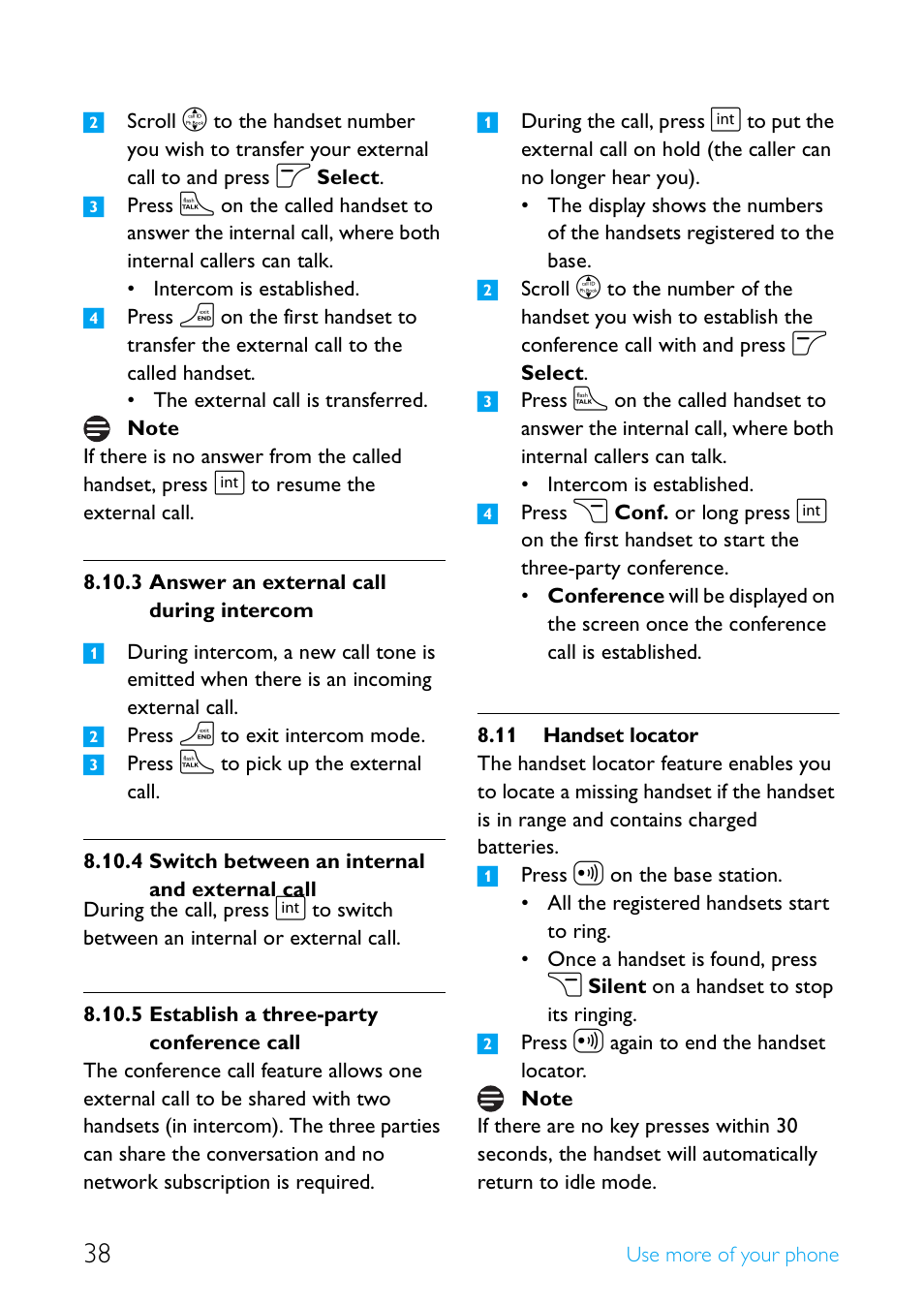11 handset locator, Answer an external call during intercom, Switch between an internal and external call | Establish a three-party conference call, Handset locator | Philips Cordless telephone SE4502B User Manual | Page 40 / 65