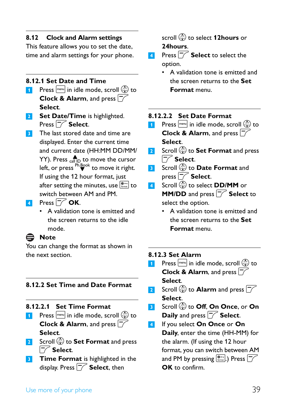 12 clock and alarm settings, Clock and alarm settings, Set date and time | Set time and date format, Set alarm | Philips Cordless telephone SE4502B User Manual | Page 41 / 65