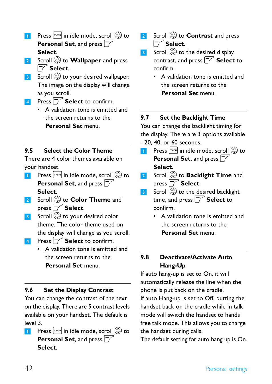 5 select the color theme, 6 set the display contrast, 7 set the backlight time | 8 deactivate/activate auto hang-up, Select the color theme, Set the display contrast, Set the backlight time, Deactivate/activate auto hang-up | Philips Cordless telephone SE4502B User Manual | Page 44 / 65