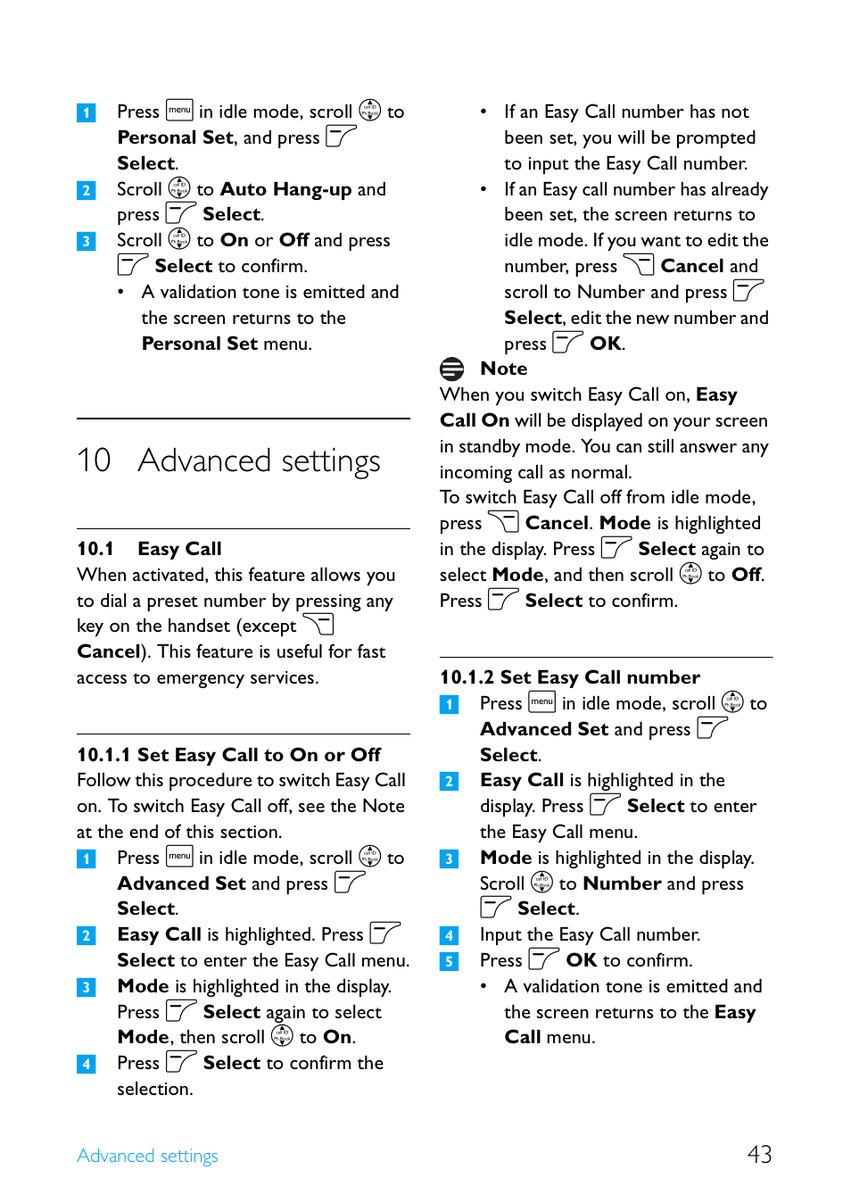 10 advanced settings, 1 easy call, Advanced settings | Easy call, Set easy call to on or off, Set easy call number | Philips Cordless telephone SE4502B User Manual | Page 45 / 65