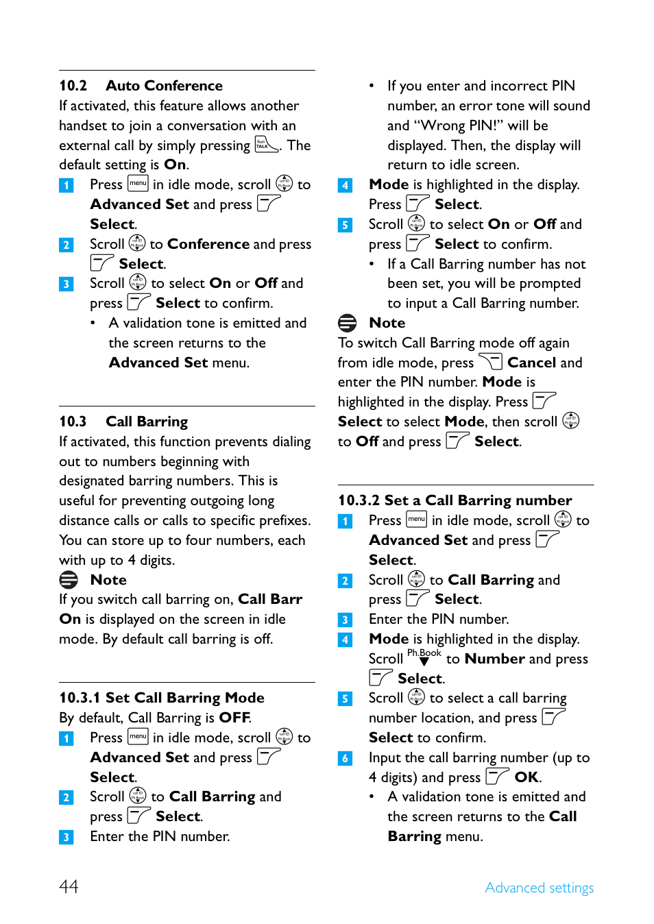 2 auto conference, 3 call barring, Auto conference | Call barring, Set call barring mode, Set a call barring number | Philips Cordless telephone SE4502B User Manual | Page 46 / 65