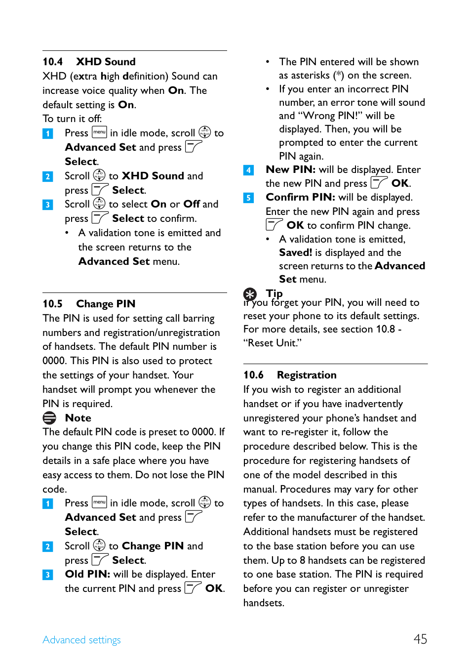 4 xhd sound, 5 change pin, 6 registration | Xhd sound, Change pin, Registration | Philips Cordless telephone SE4502B User Manual | Page 47 / 65