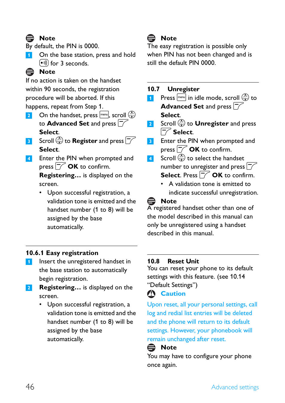 7 unregister, 8 reset unit, Easy registration | Unregister, Reset unit | Philips Cordless telephone SE4502B User Manual | Page 48 / 65