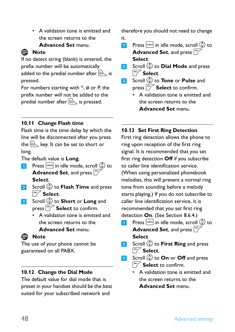 11 change flash time, 12 change the dial mode, 13 set first ring detection | Change flash time, Change the dial mode, Set first ring detection | Philips Cordless telephone SE4502B User Manual | Page 50 / 65