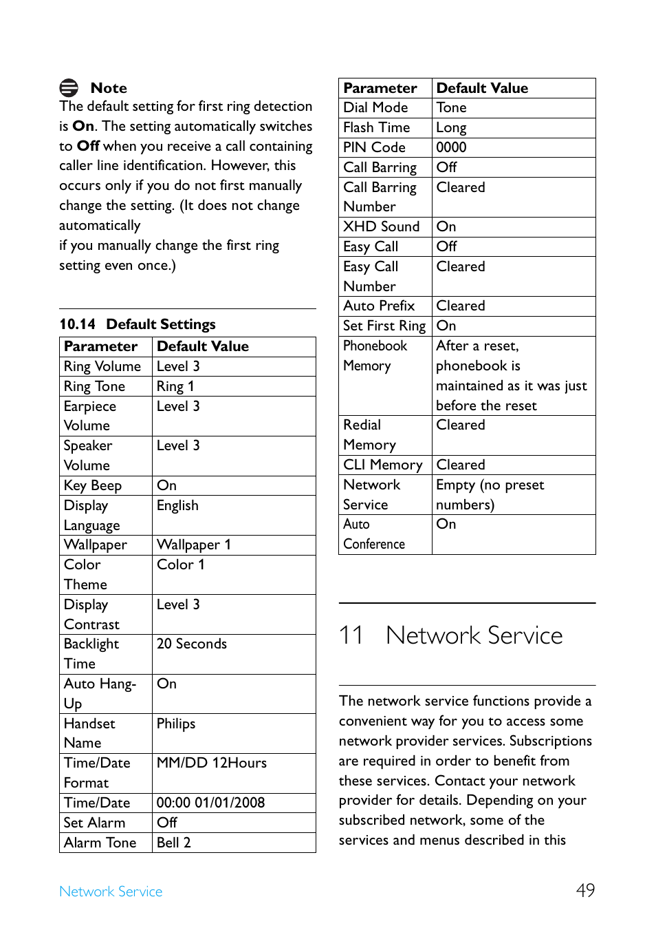 14 default settings, 11 network service, Default settings | Network service | Philips Cordless telephone SE4502B User Manual | Page 51 / 65