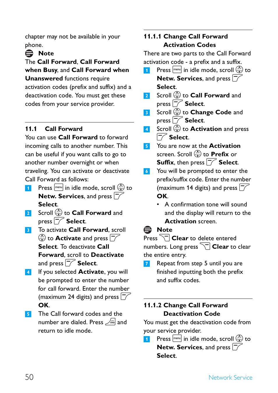 1 call forward, Call forward, Change call forward activation codes | Change call forward deactivation code | Philips Cordless telephone SE4502B User Manual | Page 52 / 65