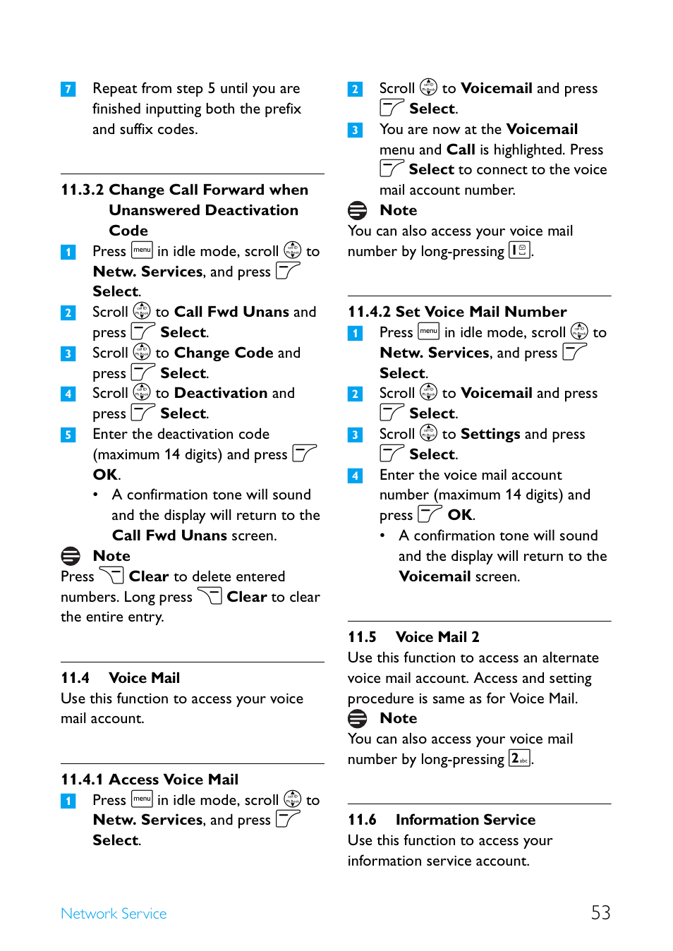 4 voice mail, 5 voice mail 2, 6 information service | Voice mail, Access voice mail, Set voice mail number, Voice mail 2, Information service | Philips Cordless telephone SE4502B User Manual | Page 55 / 65