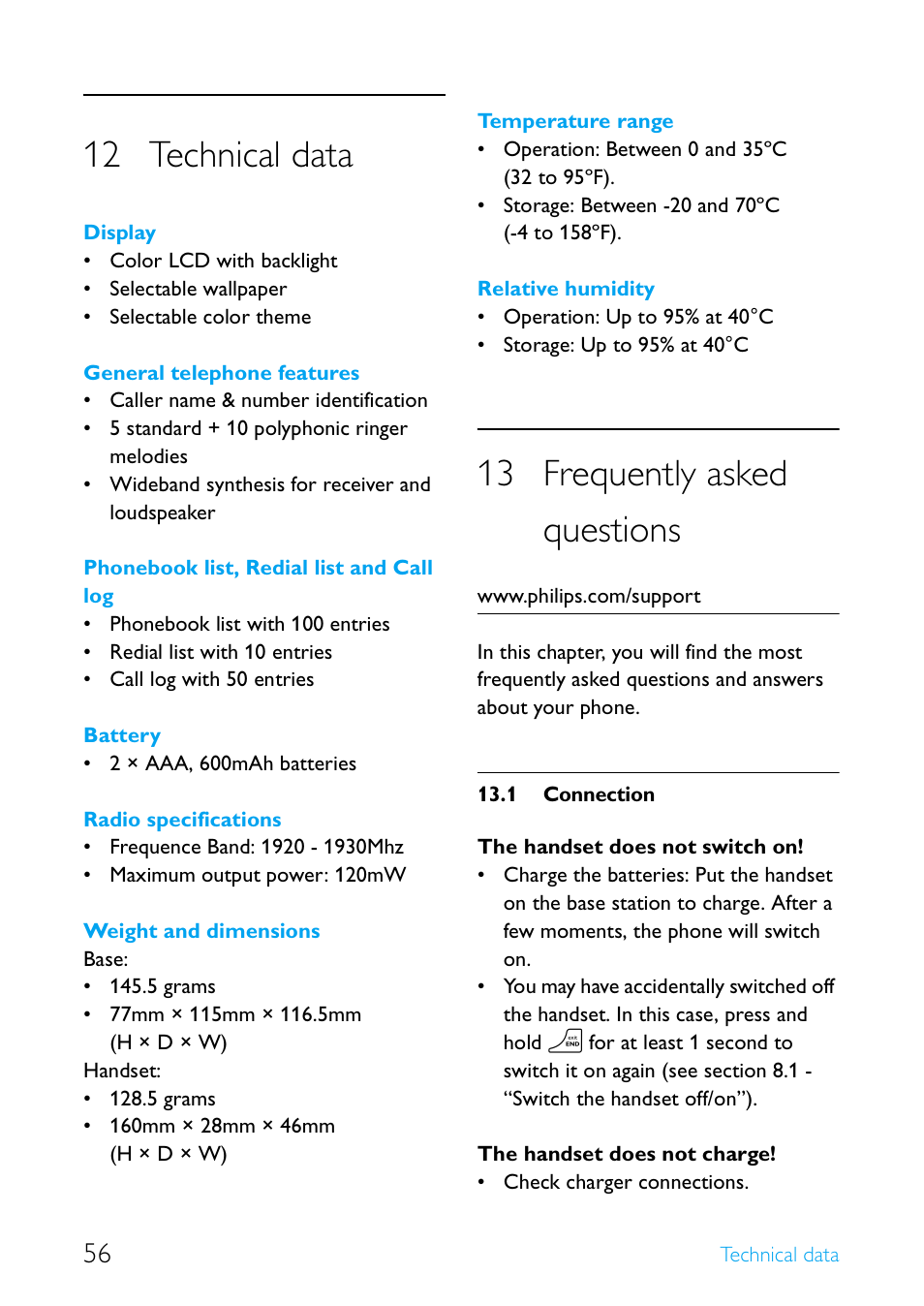12 technical data, 13 frequently asked questions, 1 connection | Technical data, Frequently asked questions, Connection | Philips Cordless telephone SE4502B User Manual | Page 58 / 65