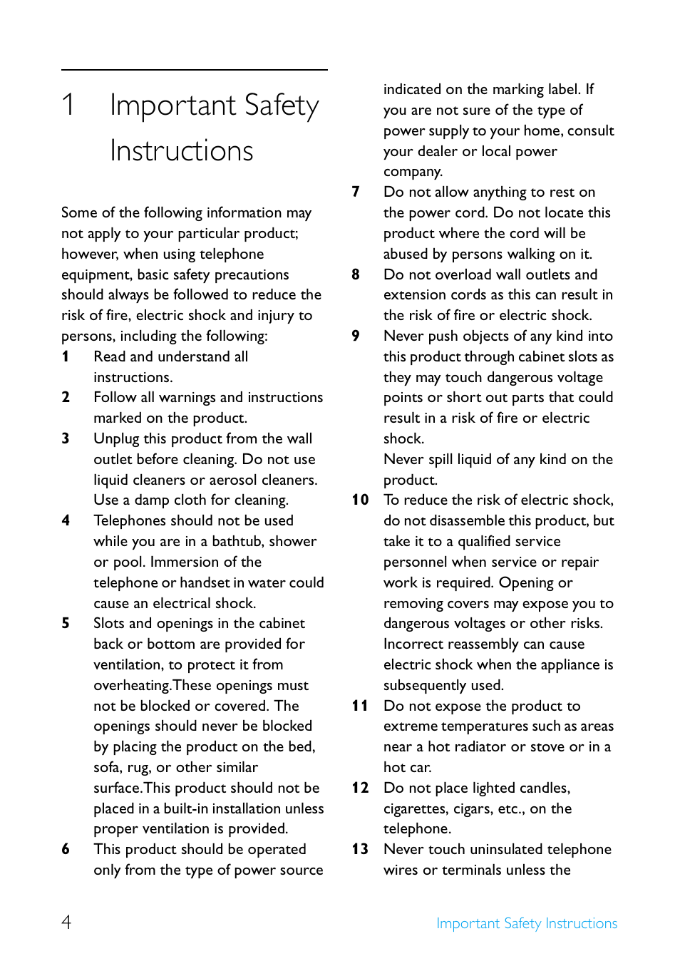 1 important safety instructions, Important safety instructions, 1important safety instructions | Philips Cordless telephone SE4502B User Manual | Page 6 / 65