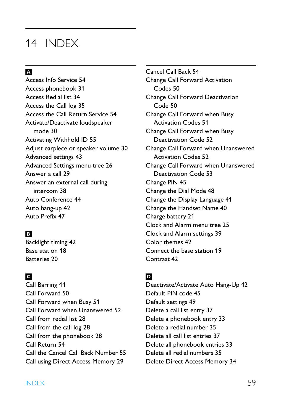 14 index, Index | Philips Cordless telephone SE4502B User Manual | Page 61 / 65