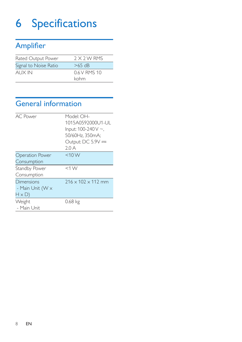 6 specifications, Amplifier, General information | Philips AD305-37 User Manual | Page 10 / 12